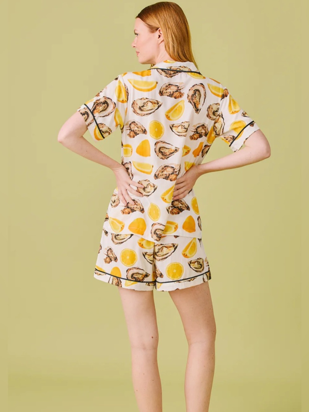 Katie Kime World Is Your Oyster Cotton Shorts Pajama Set Lemon Oyster Print M/S - Picture 3 of 13